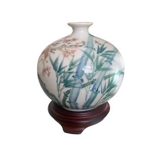 Japanese Pomegranate Style Vase on Stand White W Bamboo & Cherry Blossom Design